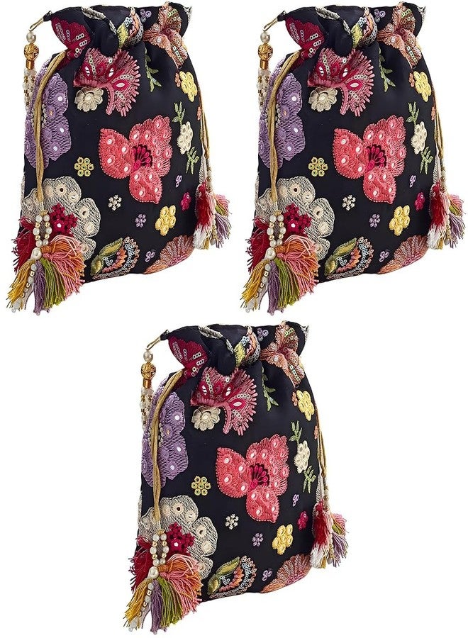 حقيبة دوقة نسائية سوداء متعددة الأزهار (عبوة من 3 قطع)